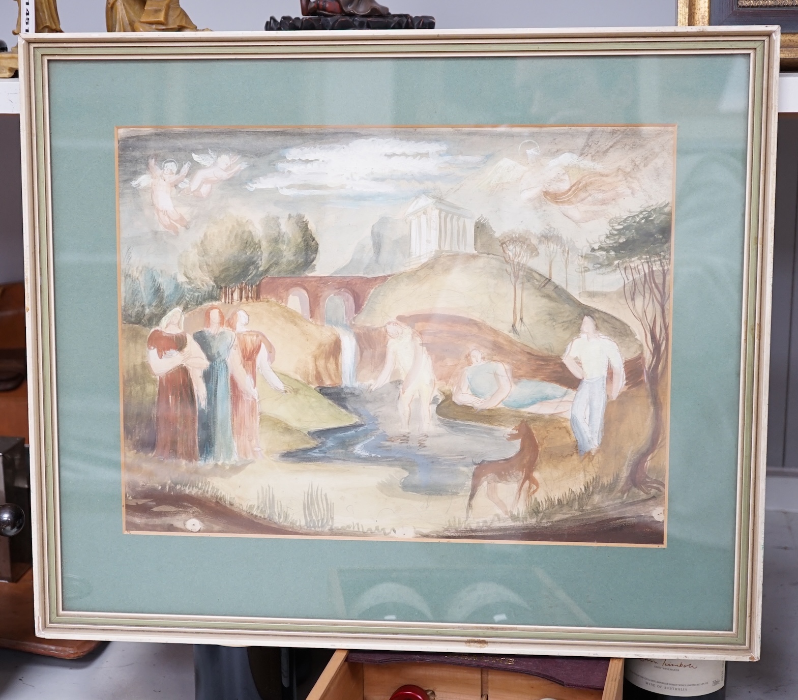 Modern British, watercolour, Figures bathing with a temple beyond, unsigned, 28 x 37cm. Condition - fair to good, some minor discolouration